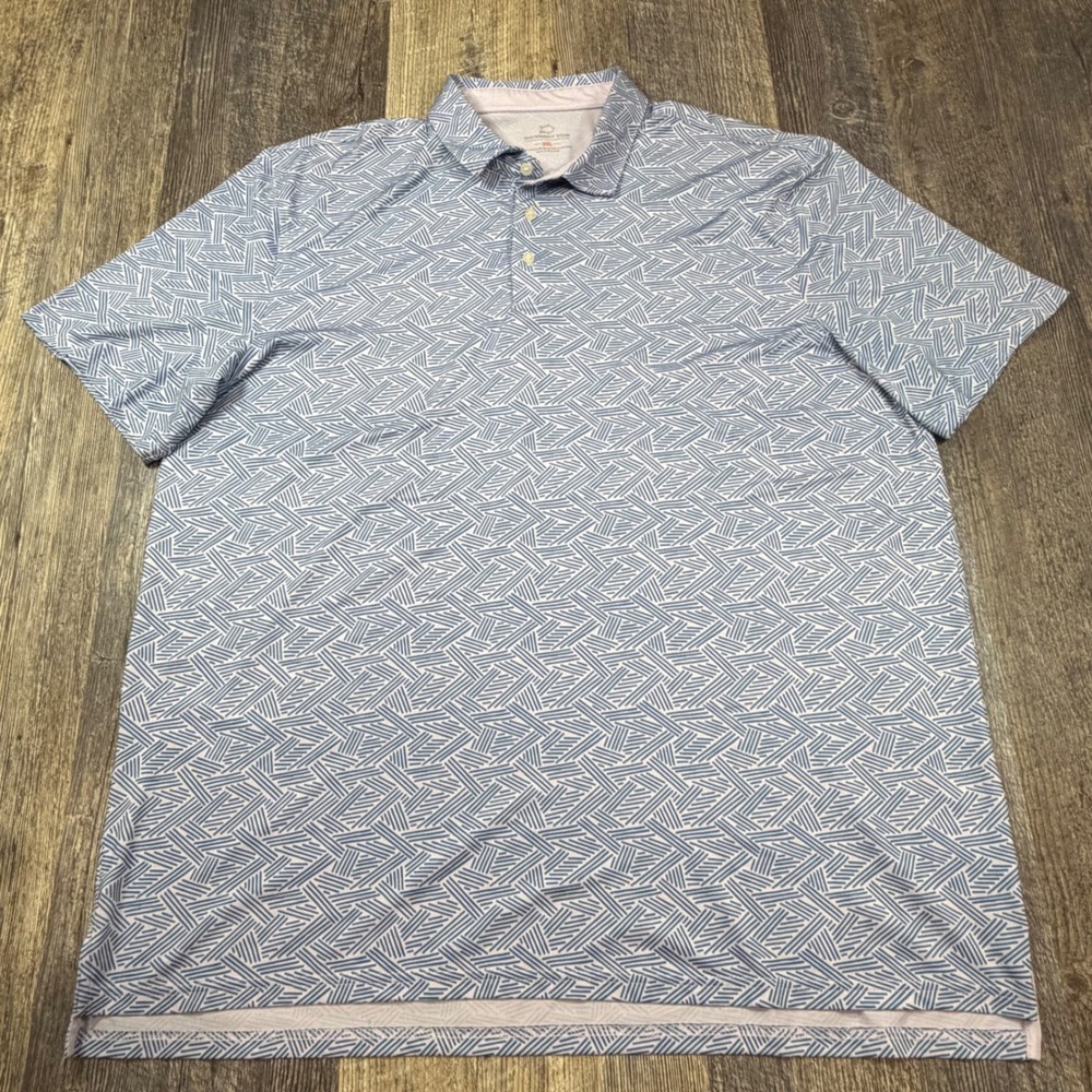Southern Tide Polo Shirt Mens XXL Blue White Geometric Performance Stretch Short